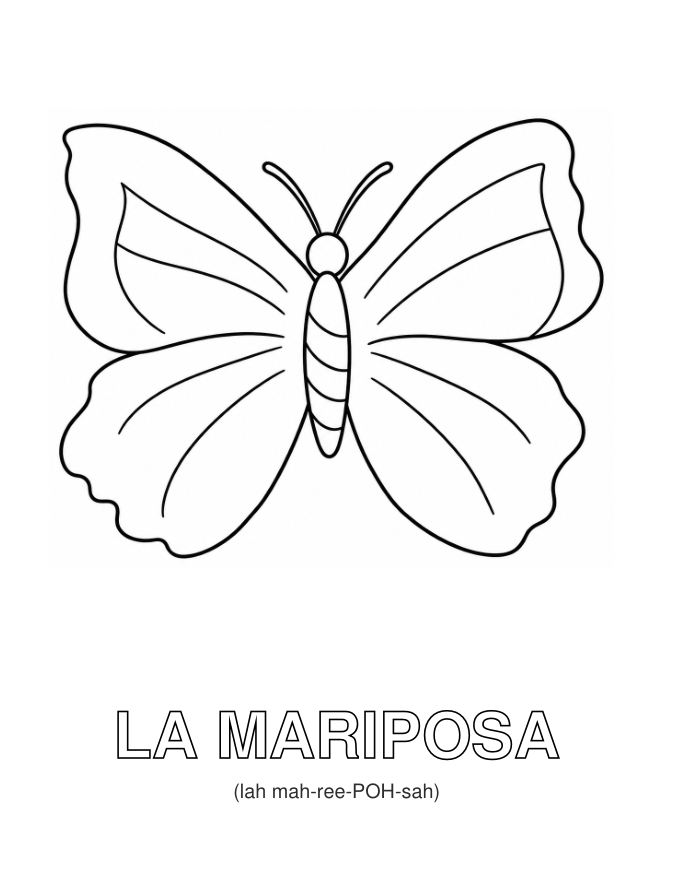 Spanish la mariposa coloring page with pronunciation